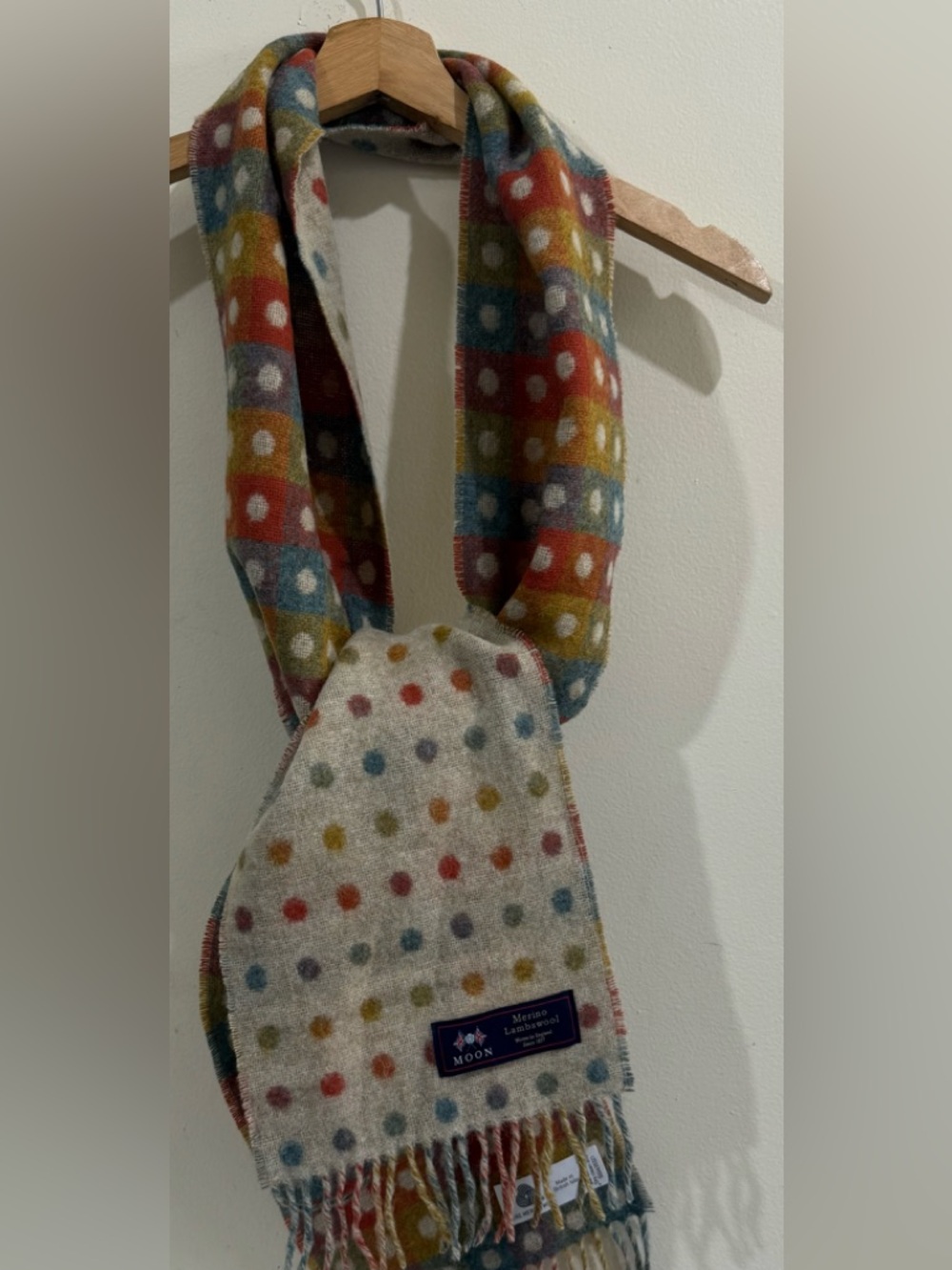 Merino Lambswool Multicolor Polka Dot Wool Scarf - Cozy Women’s Accessory - Picture 4 of 6